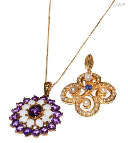 A split pearl pendant, length 3.4cm; and a 9 carat gold opal...