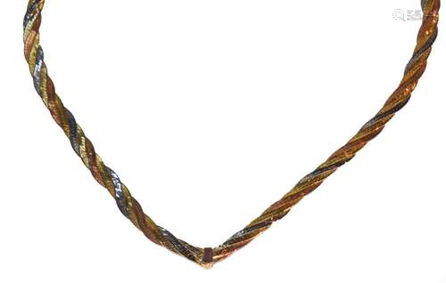 A 9 carat tri-coloured gold fancy link necklace, length 41cm...