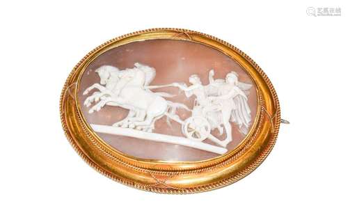 A cameo brooch, the scene depicting figures in a horsedrawn ...