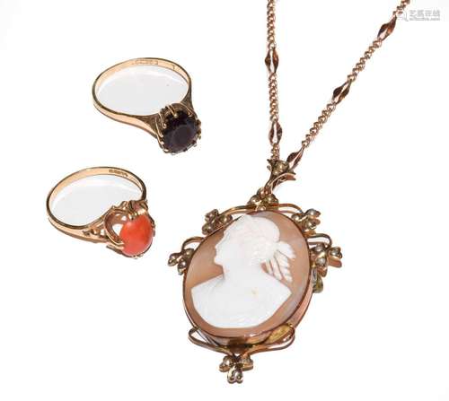 A cameo and split pearl pendant on chain, pendant length 5.2...