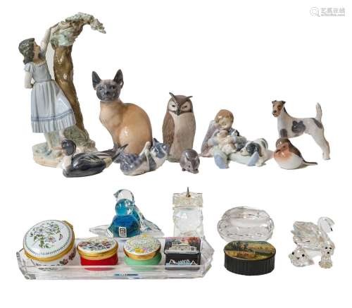 A Royal Copenhagen cat, owl and five other figures, a Lladro...