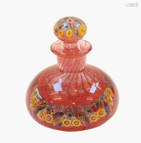 A millefiori glass ink bottle and stopper, the knop and base...