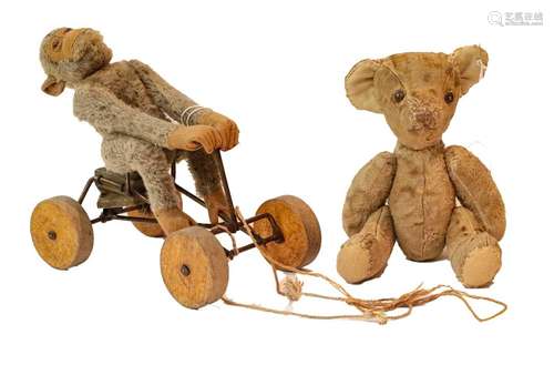 Pull along monkey and vintage teddy bear