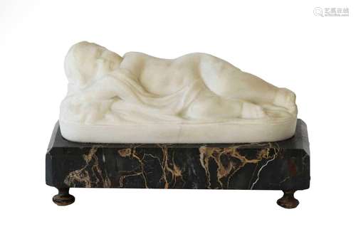 19th century carved white marble of a figure sleeping, raise...