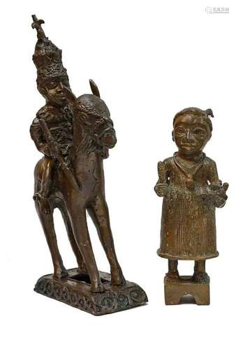 Two African style bronze sculpture figures, one on horseback...