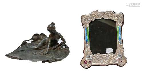 An Art Nouveau dish, with a seated maiden, and a sterling si...