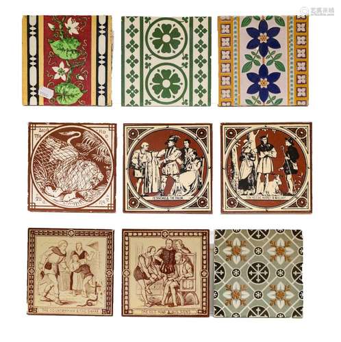 A collection of fifteen various Victorian tiles including Mi...