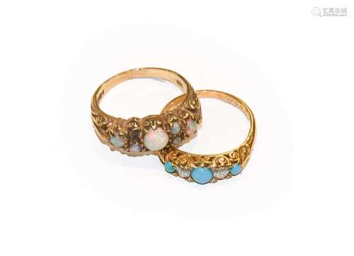 A 9 carat gold opal ring, finger size O1/2; and a turquoise ...