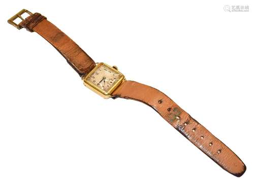 An 18 carat gold square shaped wristwatch, case with London ...