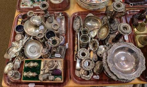 Two trays of small silver and silver-plated wares, including...