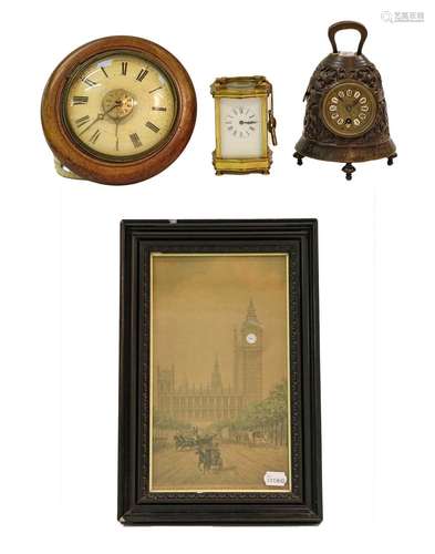 A bronzed bell shaped mantel timepiece, a brass carriage tim...