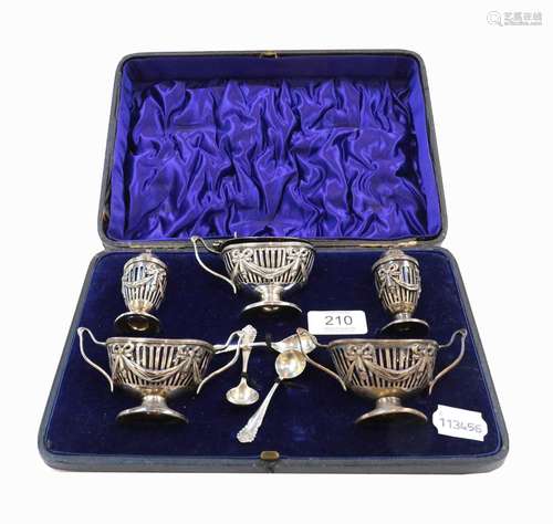 A late Victorian five piece cased cruet set, London, 1897, m...