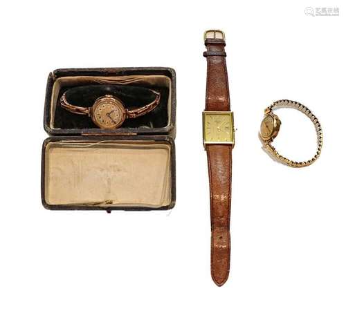 Two ladys 9 carat gold wristwatches; and a plated quartz Rot...