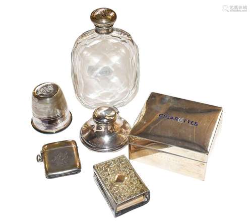 Silver cigarette box, silver and glass flask, silver inkwell...