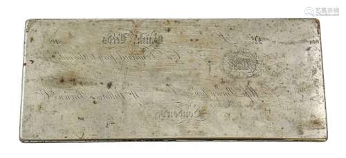 A 19th Century Cheque/Sight Note Steel Printing Plate, inscr...