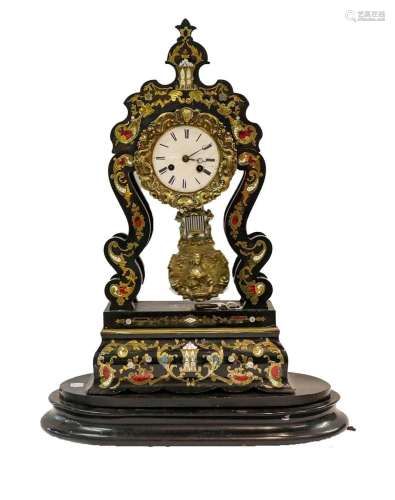 A Victorian Ebonised Striking Boulle Portico Mantel Clock wi...