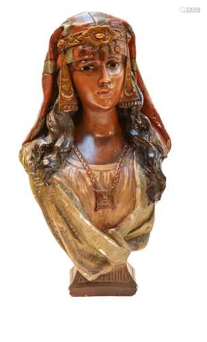 A French Art Nouveau painted plaster bust of a gypsy girl, i...