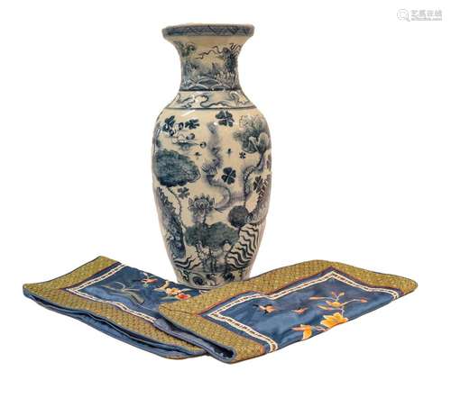 Four large framed Chinese embroideries, two cushion covers, ...