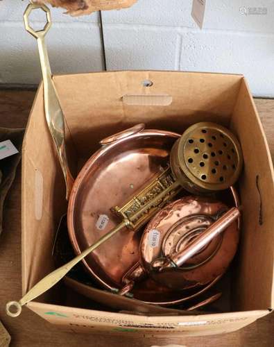 A copper pan and copper kettle, a small brass antique box wi...