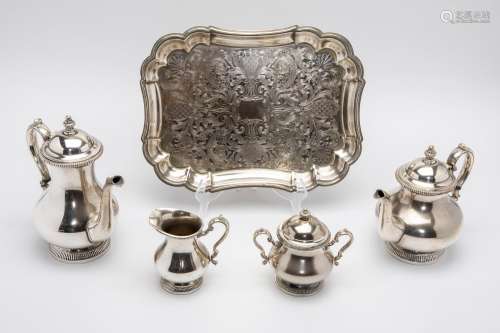 A SILVER PLATED TEA AND COFFEE SERVICE WITH TRAY