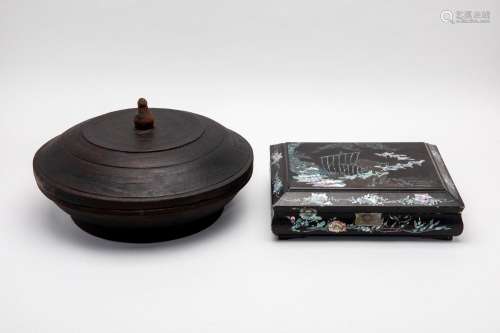 A MOTHER OF PEARL INLAID BLACK LACQUERED BOX