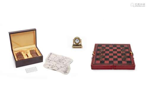 A CHINESE CHESS SET, BOXED BAMBOO SCROLLS AND A CLOCK