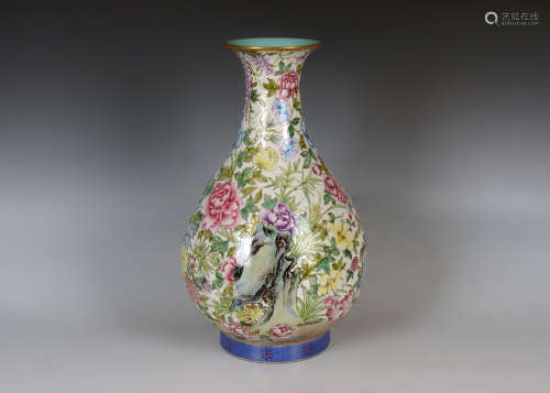 Famille Rosed Vase in Floral Grain from Qing大清雍正粉彩花卉...