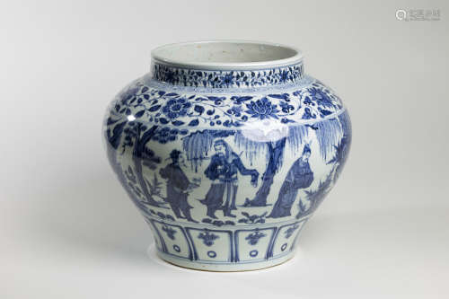 Blue and White Kiln Pot in Human Grain from Yuan元青花三顾茅...