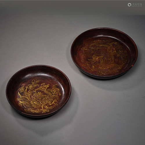 Tang Dynasty of China,Lacquerware Gold-Trace Dragon and Phoe...