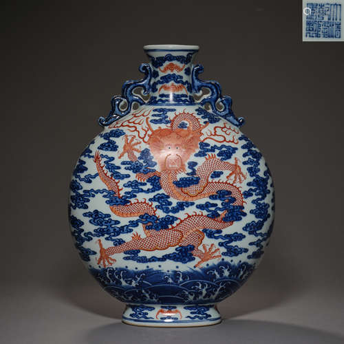 Qing Dynasty of China,Blue and White Alum Red Dragon Pattern...