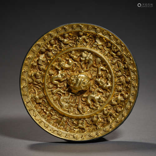 Han Dynasty of China,Covered Gold Sea Beast Grape Mirror
