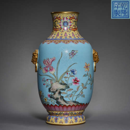 Qing Dynasty of China,Famille Rose Flower Double Lion Ear Bo...