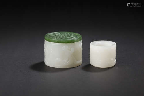 HeTian Jade Ring Container with Design from Qing清代和田玉欢...
