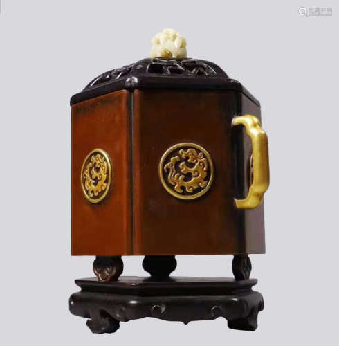 Copper and Golden Squared Censer from XuanDe 宣德年制铜鎏金螭...