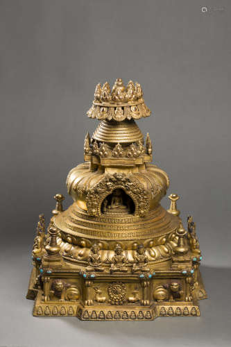 Copper and Golden Buddhist Temple from Qing清代铜鎏金佛塔