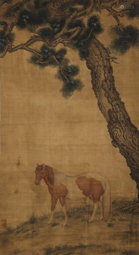A standing scroll on silk made from a Horse drawing by Lang ...