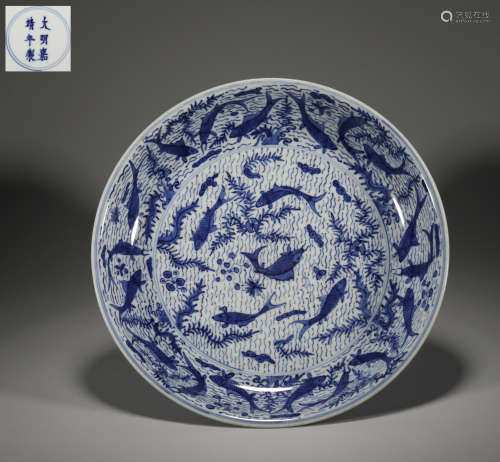 Chinese Ming dynasty jiajing blue and white fish plate, 16th...