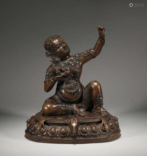 Chinese Qing Dynasty bronze Buddha statue inlaid with gemsto...