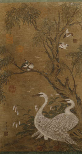 Vertical scroll of Huang Quan's double birds in Song Dynasty