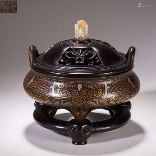 Gold And Silver Inlaying Bronze Tripod Censer