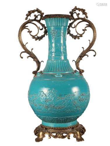 Turquoise-Glaze Incised Landscape Bottle Vase