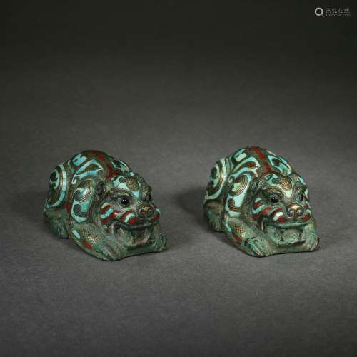 Pair Of Turquoise And Gold Inlaid Bronze Beast Paper Weights