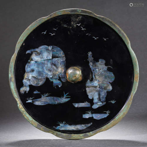 Mother-Of-Pearl Inlaid Bronze Figures Mirror