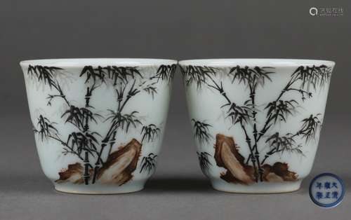 Pair Of Grisaille Glaze Bamboo Cups