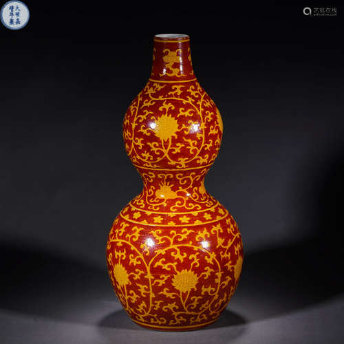 Red-Ground Yellow Glaze Lotus Double-Gourd-Shape Vase