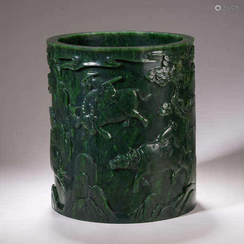 Carved Spinach-Green Jade Landscape Brush Pot