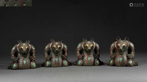 Set Of Four Turquoise And Gold Inlaying Bronze Bear-Form Pap...