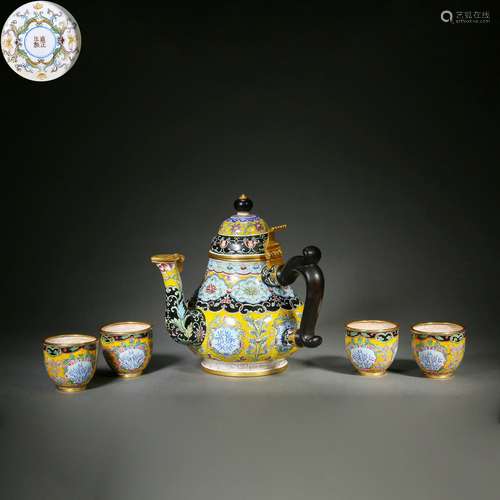 Set Of Enamel Bronze Flower Tea Pot And Cups