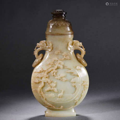 Carved Hetian Jade Crane And Pine Moon Flask