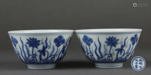 Pair Of Blue And White Floral Cups